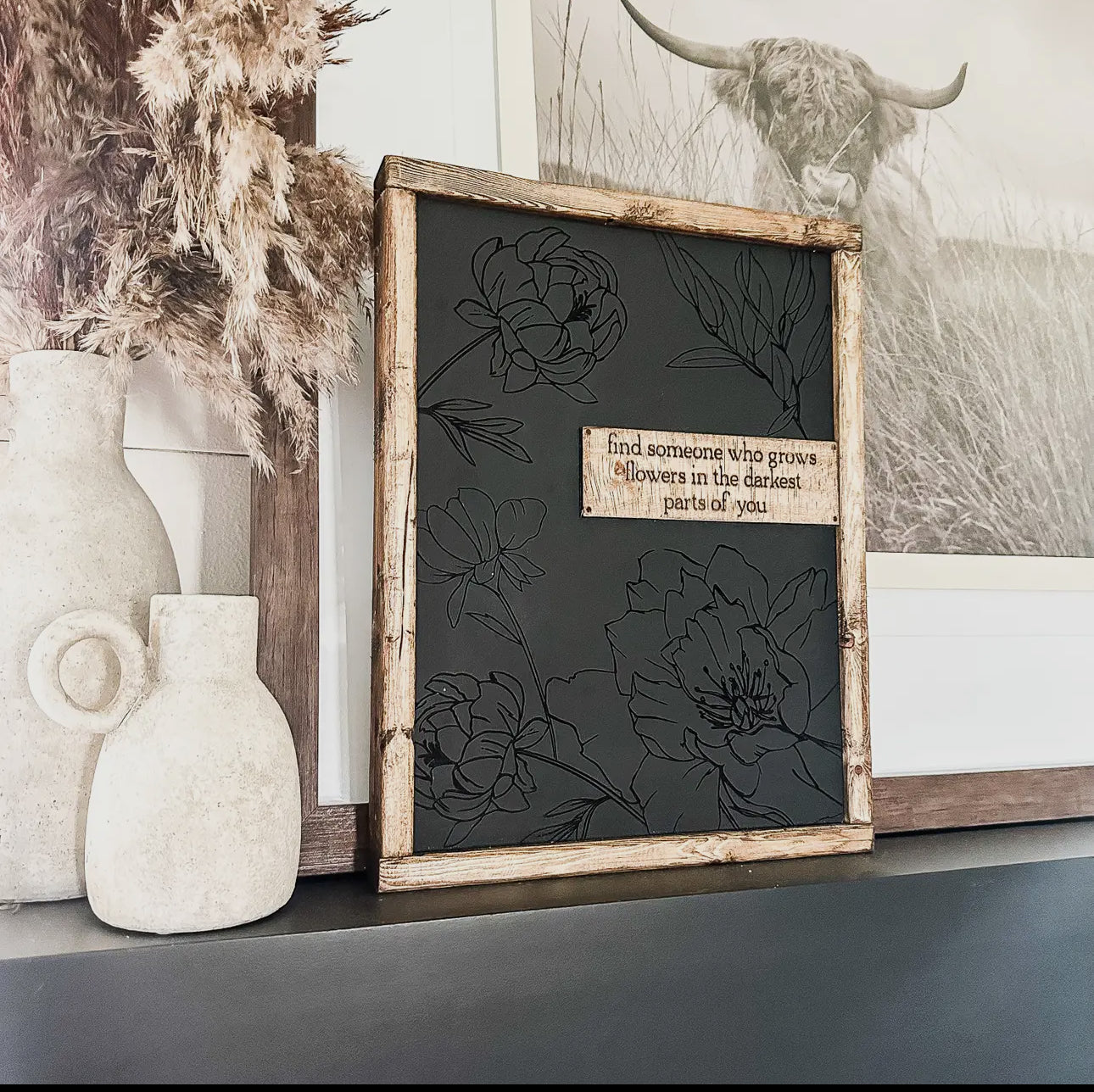 “Flowers in the Dark” Framed Wooden Sign