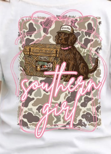 Southern Girl Youth Graphic Tee – Pink Script Camo Dog Design | Southern Kids Shirt