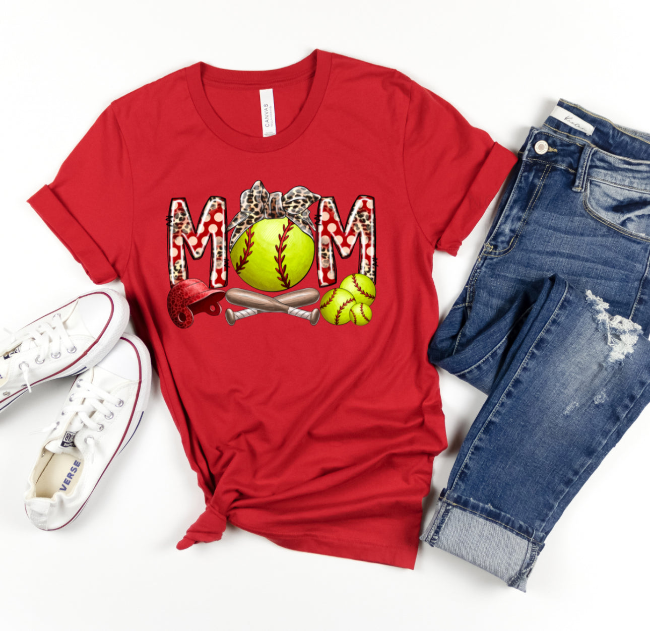 Softball Mom Patriotic Graphic Tee – Red, White & Leopard Game Day Shirt