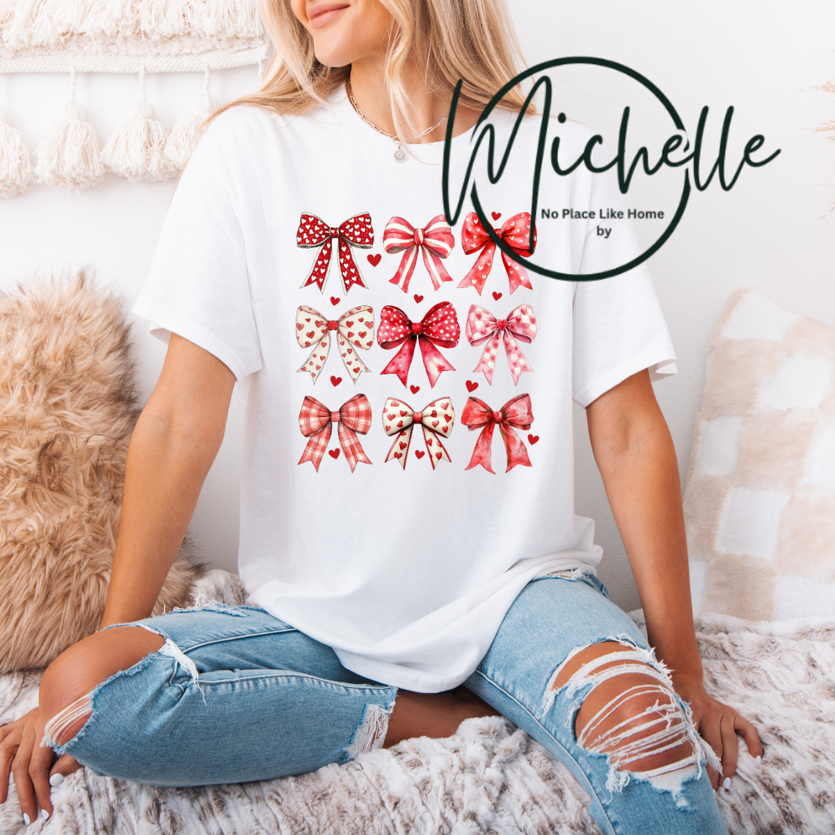 💕🎀 Valentine Bow Graphic Tee – Pink & Red Heart Bows