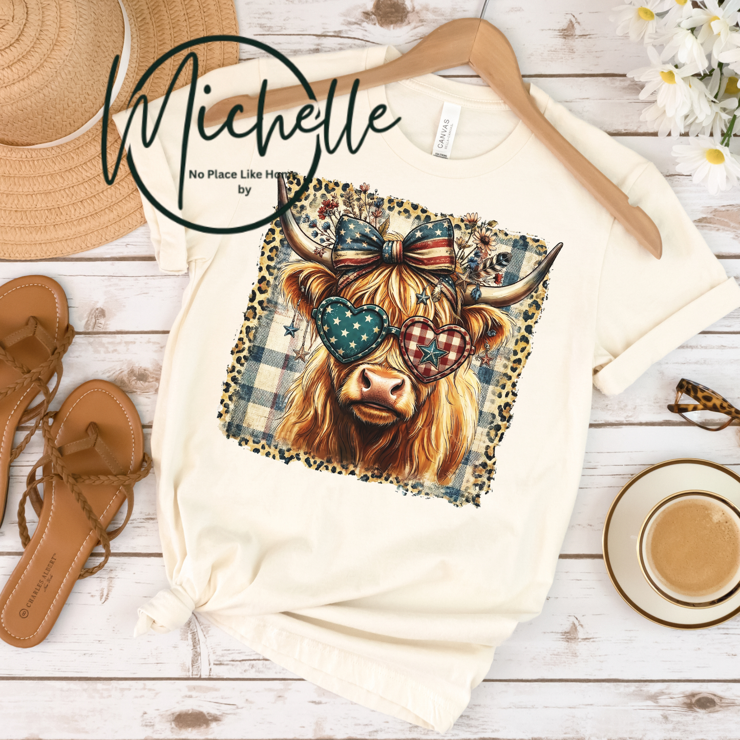 Patriotic Highland Cow Graphic Tee | 4th of July Shirt | American Flag Cow Tee | Farmhouse Western Shirt