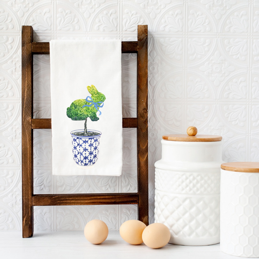 🐰 Bunny Topiary Tea Towel – Farmhouse Easter Kitchen Decor