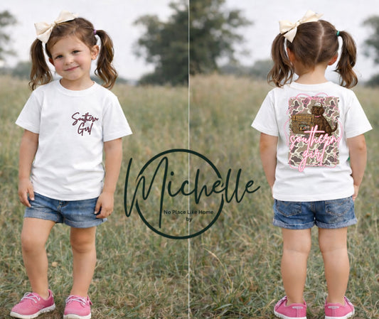Southern Girl Youth Graphic Tee – Pink Script Camo Dog Design | Southern Kids Shirt