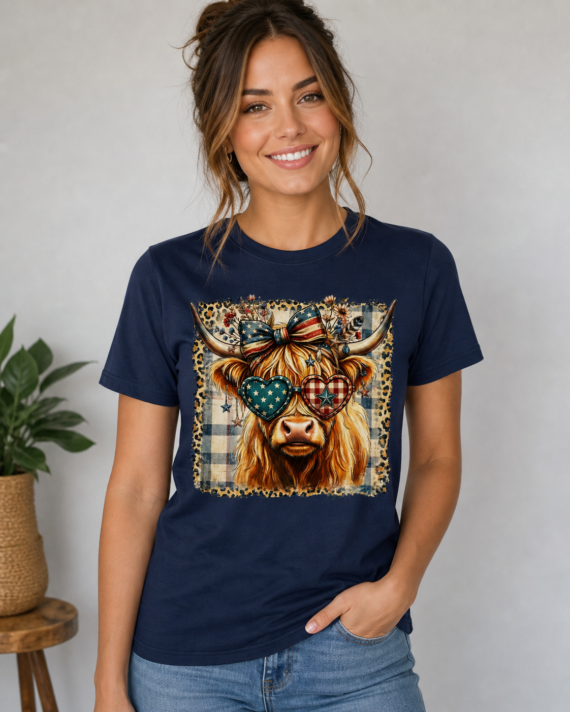Patriotic Highland Cow Graphic Tee | 4th of July Shirt | American Flag Cow Tee | Farmhouse Western Shirt