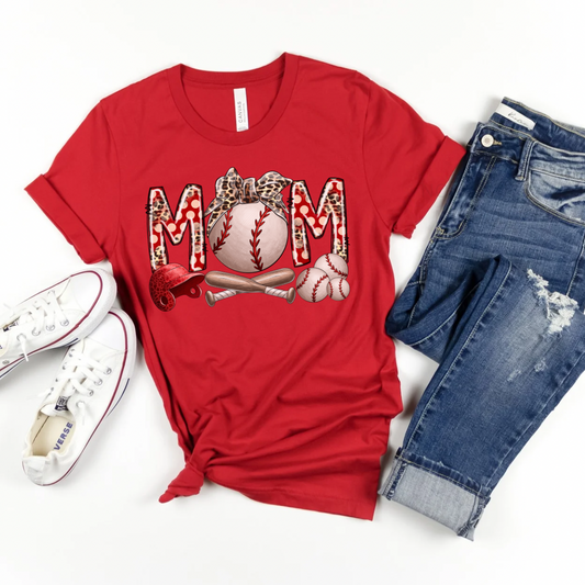 Baseball Mom Graphic Tee – Leopard Print Red, White & Softball Vibes