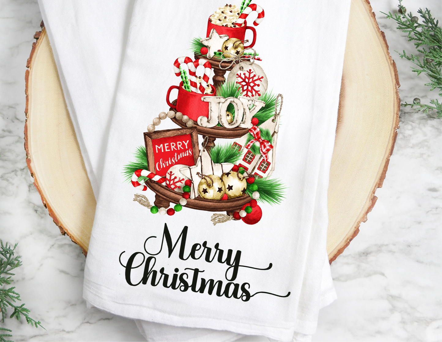 Merry Christmas tier tray flour sack hand towel