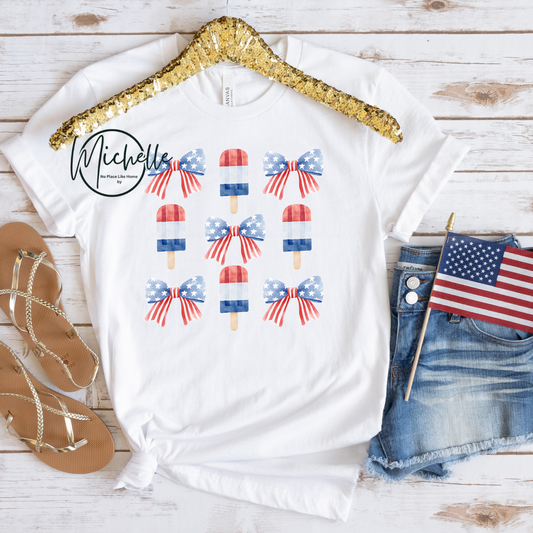 Patriotic Pops & Bows Graphic Tee – USA Vibes All Summer!