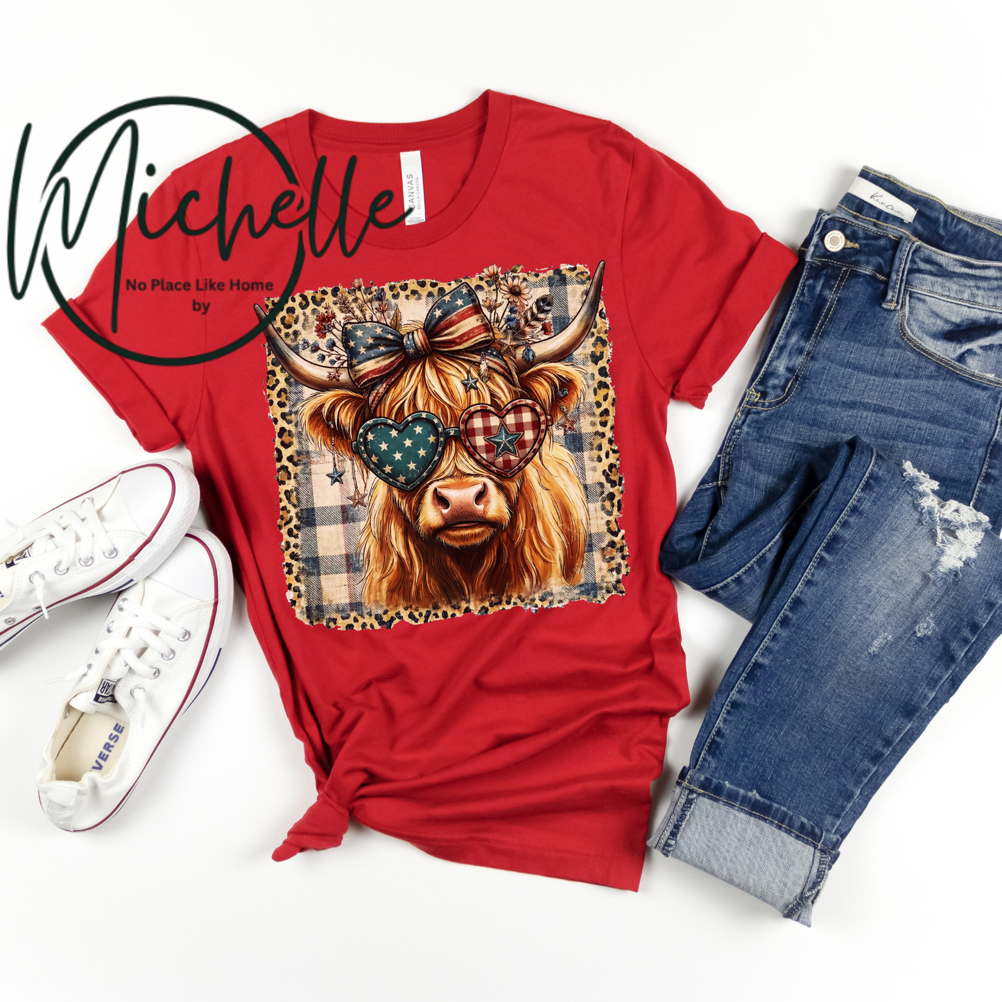 Patriotic Highland Cow Graphic Tee | 4th of July Shirt | American Flag Cow Tee | Farmhouse Western Shirt