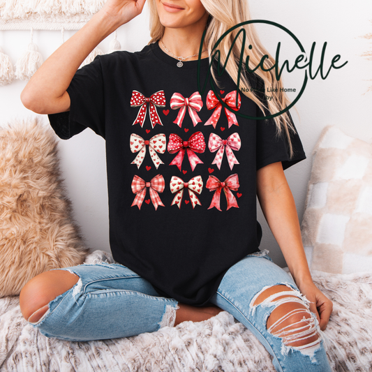 💕🎀 Valentine Bow Graphic Tee – Pink & Red Heart Bows