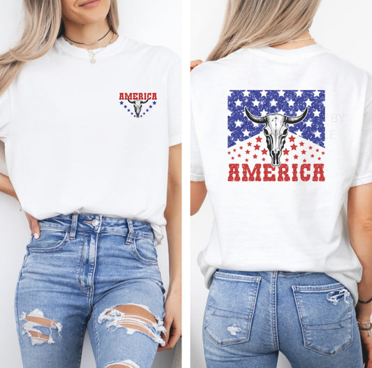 America Western Skull Graphic Tee – Patriotic USA T-Shirt
