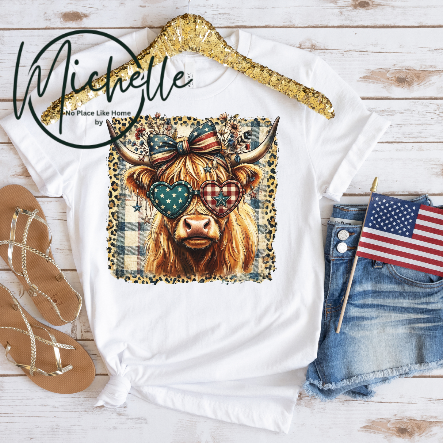 Patriotic Highland Cow Graphic Tee | 4th of July Shirt | American Flag Cow Tee | Farmhouse Western Shirt