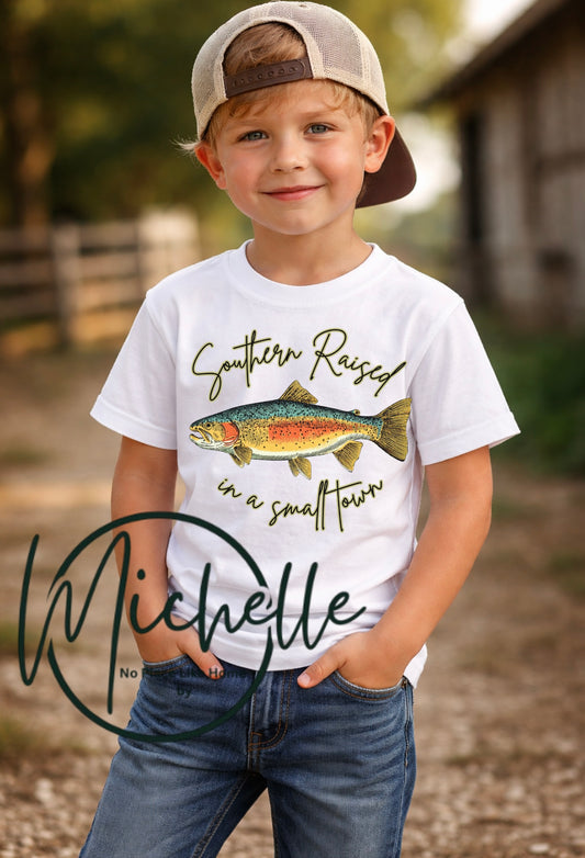 Southern Raised in a Small Town Kids Graphic Tee | Country Boy Shirt | Fishing Kids Tee