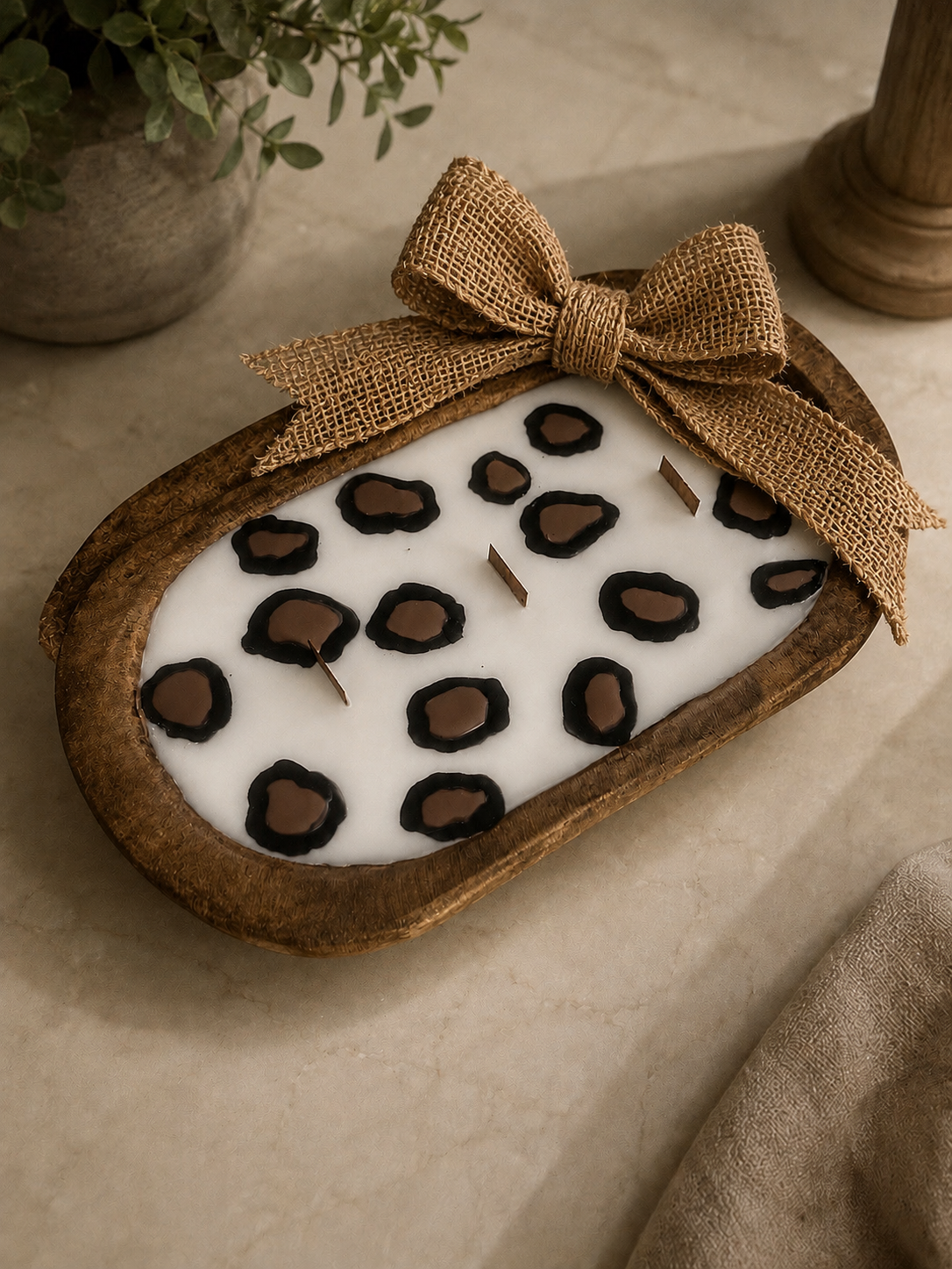 Leopard Print Dough Bowl Candle with Burlap Bow