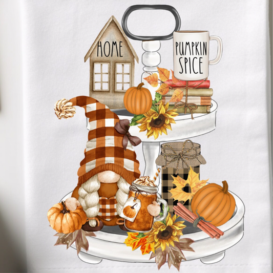 Fall tier tray gnome flour sack hand towel