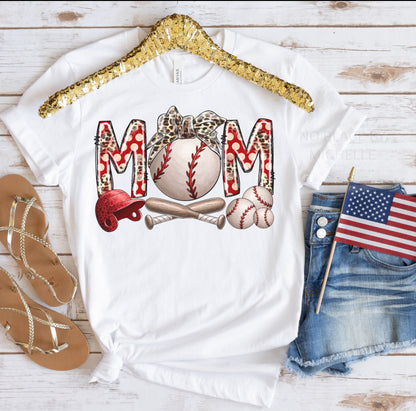 Baseball Mom Graphic Tee – Leopard Print Red, White & Softball Vibes