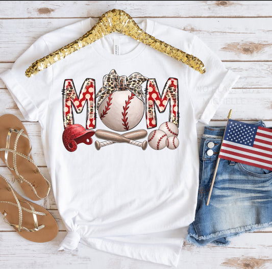 Baseball Mom Graphic Tee – Leopard Print Red, White & Softball Vibes