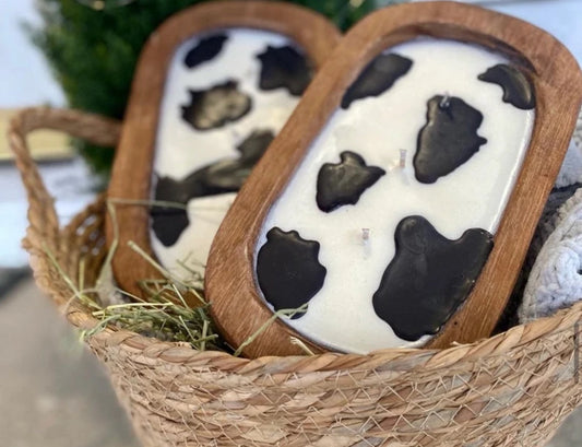 Oval cow print dough bowl candle