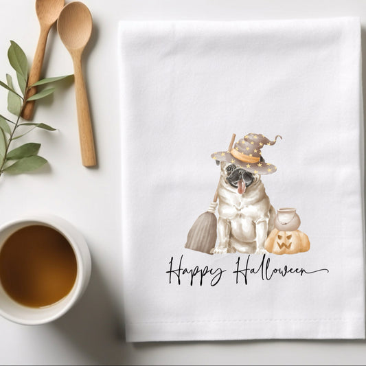Happy Halloween Pug flour sack hand towel