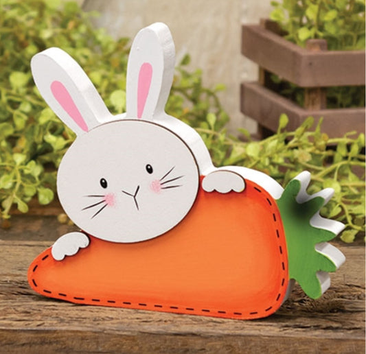 Peeking Bunny w/Big Carrot Wooden Sitter