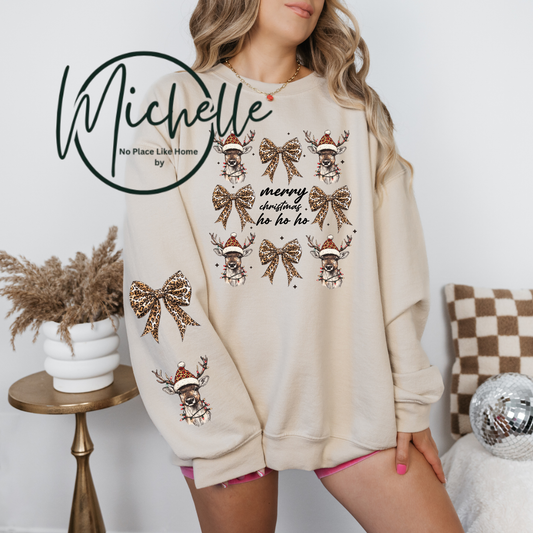 🎀 Merry Christmas Ho Ho Ho Leopard Bow Reindeer Sweatshirt