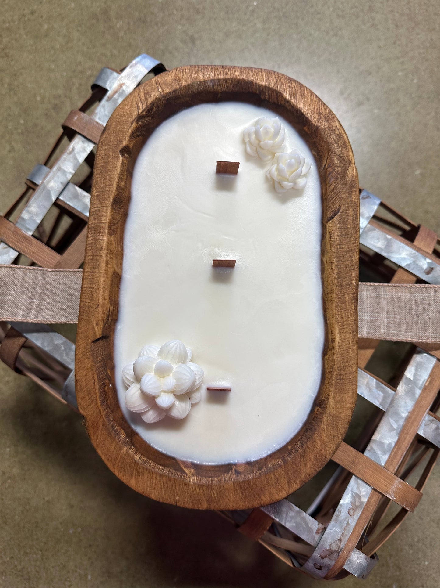 Rustic Dough Bowl Candle with Succulents & Bow