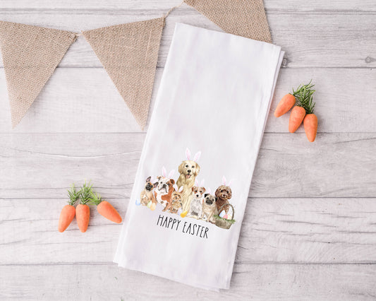 🐣 Happy Easter Puppy Tea Towel – Farmhouse Easter Kitchen Decor